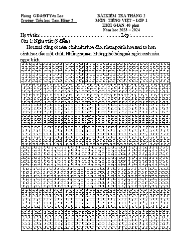 Bài kiểm tra tháng 2 môn Tiếng Việt Lớp 1 - Năm học 2023-2024 - Trường Tiểu học Tam Hồng 2 (Có đáp án)