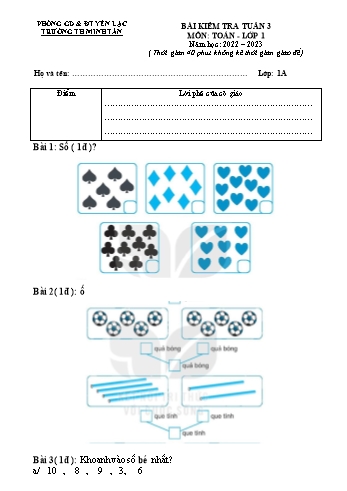 Bài kiểm tra tuần 3 môn Toán, Tiếng Việt Lớp 1 (Kết nối tri thức và cuộc sống) - Năm học 2022-2023 - Trường Tiểu học Minh Tân