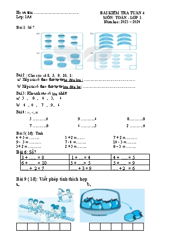 Bài kiểm tra tuần 4 môn Toán, Tiếng Việt Lớp 1 (Kết nối tri thức và cuộc sống) - Năm học 2023-2024