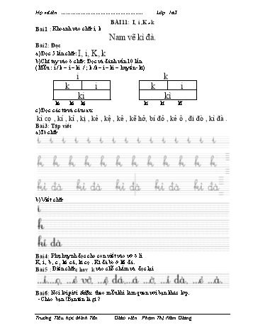 Bài tập Tiếng Việt 1 (Kết nối tri thức và cuộc sống) - Bài 11: I, i, K, k - Phạm Thị Năm Giang