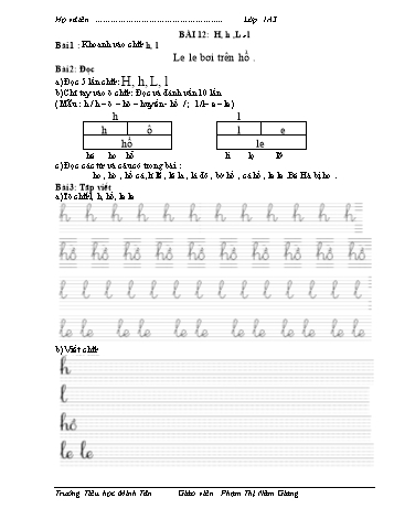 Bài tập Tiếng Việt 1 (Kết nối tri thức và cuộc sống) - Bài 12: H, h, L, l - Phạm Thị Năm Giang