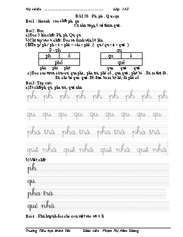 Bài tập Tiếng Việt 1 (Kết nối tri thức và cuộc sống) - Bài 26: Ph, ph, Qu, qu - Phạm Thị Năm Giang