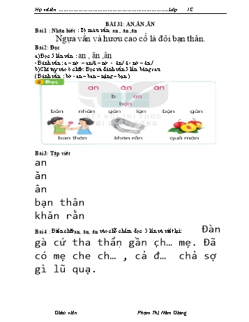 Bài tập Tiếng Việt 1 (Kết nối tri thức và cuộc sống) - Bài 31: an, ăn, ân - Phạm Thị Năm Giang