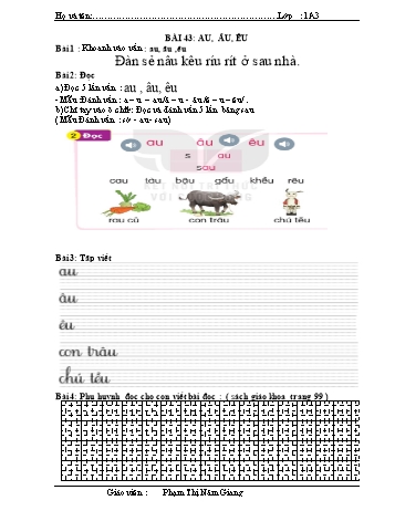 Bài tập Tiếng Việt 1 (Kết nối tri thức và cuộc sống) - Bài 43: au, âu, êu - Phạm Thị Năm Giang