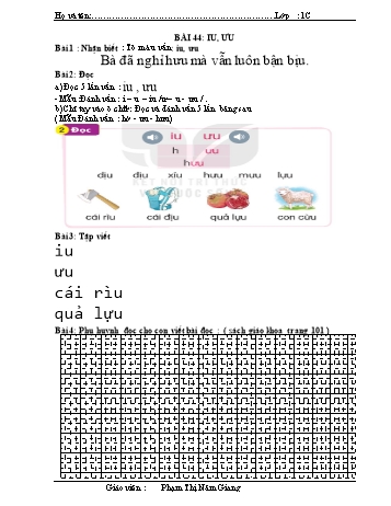 Bài tập Tiếng Việt 1 (Kết nối tri thức và cuộc sống) - Bài 44: iu, ưu - Phạm Thị Năm Giang