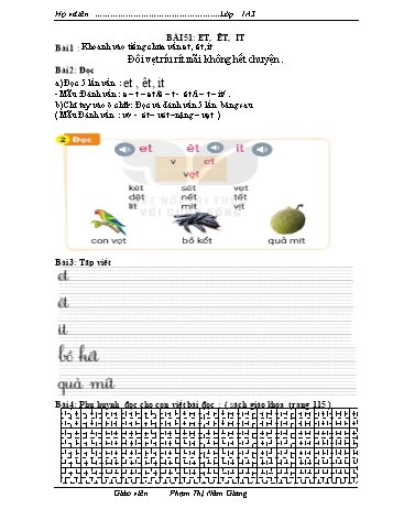 Bài tập Tiếng Việt 1 (Kết nối tri thức và cuộc sống) - Bài 51: et, êt, it - Phạm Thị Năm Giang
