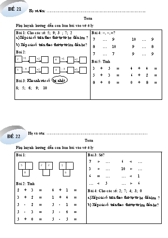 Bài tập về nhà môn Toán, Tiếng Việt Lớp 1 (Kết nối tri thức và cuộc sống) - Đề 21, 22 - Năm học 2023-2024