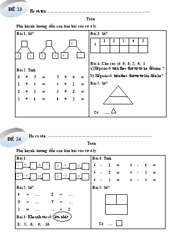 Bài tập về nhà môn Toán, Tiếng Việt Lớp 1 (Kết nối tri thức và cuộc sống) - Đề 23, 24 - Năm học 2023-2024