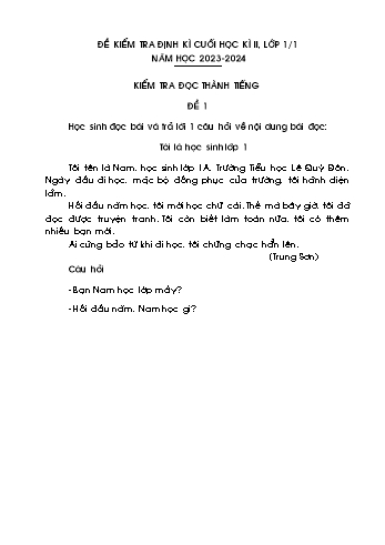 Bộ 8 đề kiểm tra định kì cuối học kì II môn Tiếng Việt Lớp 1 (Đọc thành tiếng) - Năm học 2023-2024 - Trường Tiểu học Thị trấn Mỏ Cày (Có đáp án)