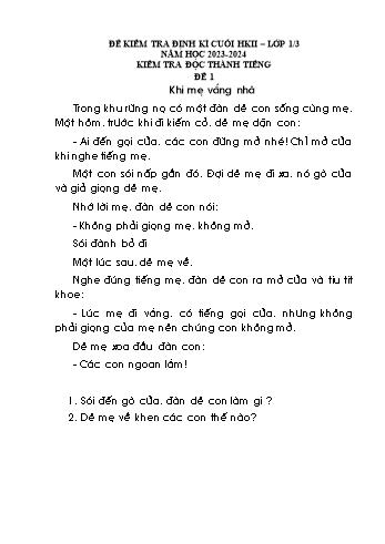 Bộ 8 đề kiểm tra định kì cuối học kỳ II môn Tiếng Việt Lớp 1 (Đọc thành tiếng) - Năm học 2023-2024 - Trường Tiểu học Thị trấn Mỏ Cày (Có đáp án)