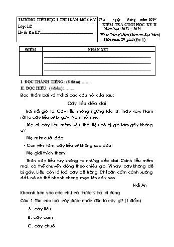 Bộ đề kiểm tra cuối học kỳ II môn Tiếng Việt Lớp 1 (Đọc hiểu) - Năm học 2023-2024 - Trường Tiểu học Thị trấn Mỏ Cày (Có đáp án)