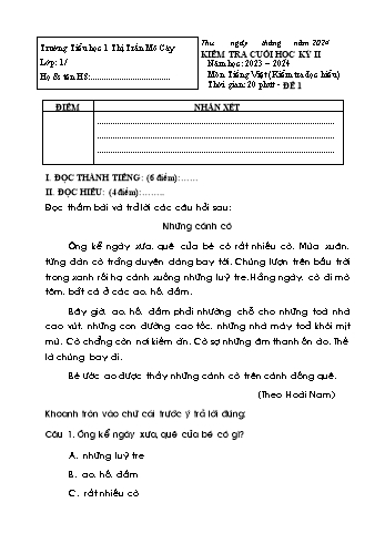 Bộ đề kiểm tra cuối học kỳ II môn Tiếng Việt Lớp 1 - Năm học 2023-2024 - Trường Tiểu học Thị trấn Mỏ Cày (Có đáp án)