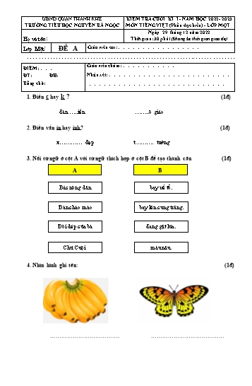 Bộ đề kiểm tra cuối kì I môn Tiếng Việt Lớp 1 - Năm học 2022-2023 - Trường Tiểu học Nguyễn Bá Ngọc