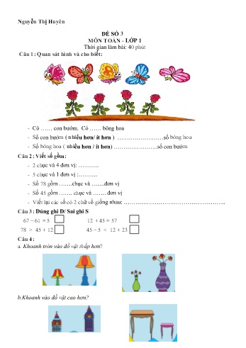 Đề Đề kiểm tra học kì II môn Toán Lớp 1 (Kết nối tri thức và cuộc sống) - Năm học 2022-2023 - Nguyễn Thị Huyên - Đề số 3