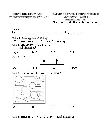Đề khảo sát chất lượng tháng 10 môn Toán Khối 1 - Năm học 2023-2024 - Trường Tiểu học Thị trấn Yên Lạc - Đề 1