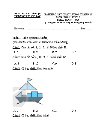 Đề khảo sát chất lượng tháng 10 môn Toán Khối 1 - Năm học 2023-2024 - Trường Tiểu học Thị trấn Yên Lạc - Đề 2
