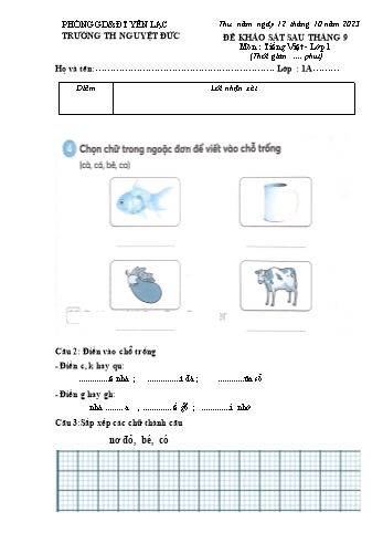 Đề khảo sát sau tháng 9 môn Tiếng Việt Lớp 1 - Năm học 2023-2024 - Trường Tiểu học Nguyệt Đức