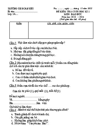 Đề kiểm tra cuối học kì 1 môn Đạo đức Lớp 1 (Cánh diều) - Năm học 2023-2024 - Trường Tiểu học Đoàn Kết (Có đáp án)