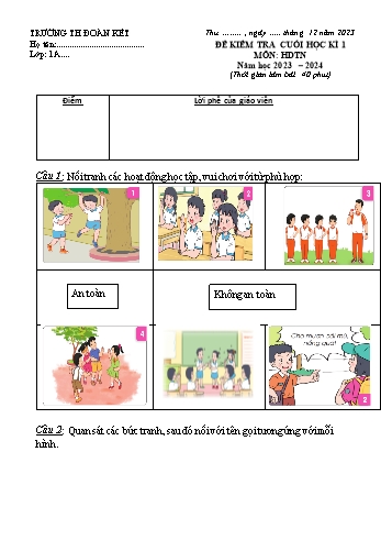 Đề kiểm tra cuối học kì 1 môn Hoạt động trải nghiệm Lớp 1 (Cánh diều) - Năm học 2023-2024 - Trường Tiểu học Đoàn Kết