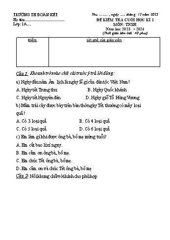 Đề kiểm tra cuối học kì 1 môn Tự nhiên và Xã hội Lớp 1 (Cánh diều) - Năm học 2023-2024 - Trường Tiểu học Đoàn Kết