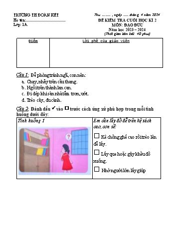 Đề kiểm tra cuối học kì 2 môn Đạo đức Lớp 1 (Cánh diều) - Năm học 2023-2024 - Trường Tiểu học Đoàn Kết