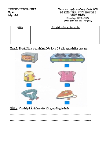 Đề kiểm tra cuối học kì 2 môn Hoạt động trải nghiệm Lớp 1 (Cánh diều) - Năm học 2023-2024 - Trường Tiểu học Đoàn Kết