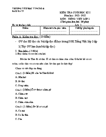 Đề kiểm tra cuối học kì I môn Tiếng Việt Lớp 1 - Năm học 2021-2022 - Trường Tiểu học TTNC Bò & Đồng Cỏ Ba Vì (Có đáp án)