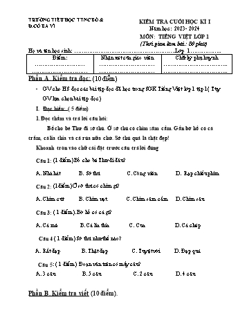 Đề kiểm tra cuối học kì I môn Tiếng Việt Lớp 1 - Năm học 2023-2024 - Trường Tiểu học TTNC Bò & Đồng Cỏ Ba Vì (Có đáp án)