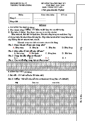 Đề kiểm tra cuối học kì I môn Tiếng Việt Lớp 1 - Năm học 2023-2024 - Trường Tiểu học Phú Cường (Có đáp án)