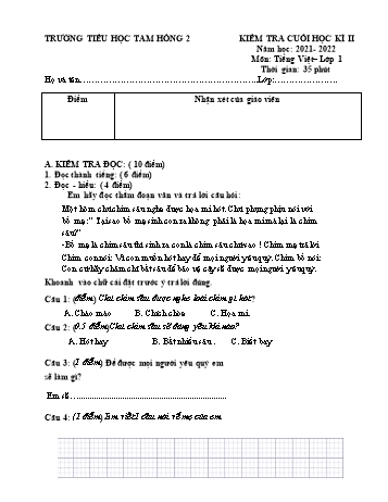 Đề kiểm tra cuối học kì II môn Tiếng Việt Lớp 1- Năm học 2021-2022 - Trường Tiểu học Tam Hồng 2