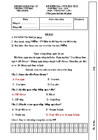 Đề kiểm tra cuối học kì II môn Tiếng Việt Lớp 1 - Năm học 2021-2022 - Trường Tiểu học Phú Cường (Có đáp án)