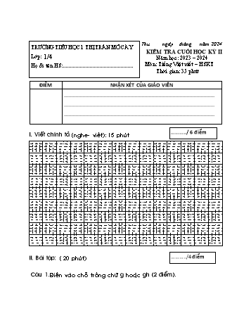 Đề kiểm tra cuối học kì II môn Tiếng Việt Lớp 1 (Viết – HSKT) - Năm học 2023-2024 - Trường Tiểu học Thị trấn Mỏ Cày (Có đáp án)