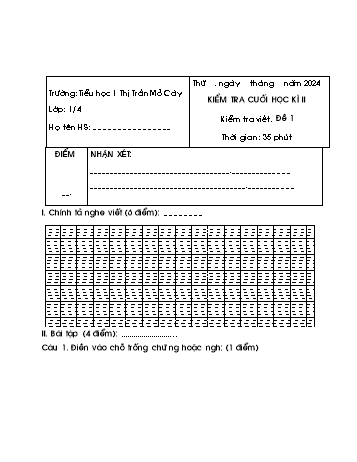 Đề kiểm tra cuối học kì II môn Tiếng Việt Lớp 1 (Viết) - Năm học 2023-2024 - Trường Tiểu học Thị trấn Mỏ Cày - Đề 1 (Có đáp án)
