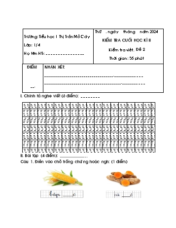 Đề kiểm tra cuối học kì II môn Tiếng Việt Lớp 1 (Viết) - Năm học 2023-2024 - Trường Tiểu học Thị trấn Mỏ Cày - Đề 2 (Có đáp án)