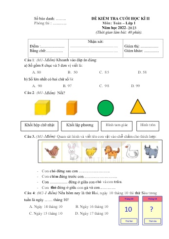 Đề kiểm tra cuối học kì II môn Toán Lớp 1 (Kết nối tri thức và cuộc sống) - Năm học 2022-2023 - Trường Tiểu học Hùng Tiến (Có đáp án)