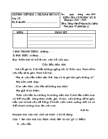 Đề kiểm tra cuối học kỳ II môn Tiếng Việt Lớp 1 (Đọc hiểu) - Năm học 2023-2024 - Trường Tiểu học Thị trấn Mỏ Cày - Đề 3 (Có đáp án)