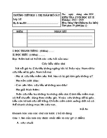 Đề kiểm tra cuối học kỳ II môn Tiếng Việt Lớp 1 (Đọc hiểu) - Năm học 2023-2024 - Trường Tiểu học Thị trấn Mỏ Cày - Đề 4 (Có đáp án)