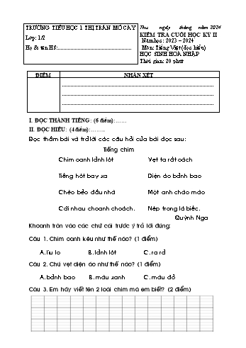 Đề kiểm tra cuối học kỳ II môn Tiếng Việt Lớp 1 - Năm học 2023-2024 - Trường Tiểu học Thị trấn Mỏ Cày (Có đáp án)