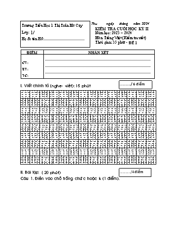Đề kiểm tra cuối học kỳ II môn Tiếng Việt Lớp 1 (Viết) - Năm học 2023-2024 - Trường Tiểu học Thị trấn Mỏ Cày - Đề 1 (Có đáp án)