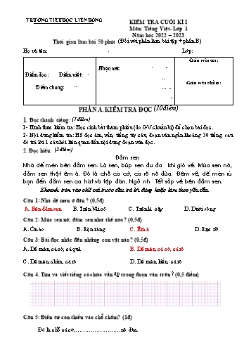 Đề kiểm tra cuối kì I môn Tiếng Việt Lớp 1 - Năm học 2022-2023 - Trường Tiểu học Liên Hồng (Có đáp án)