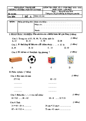 Đề kiểm tra cuối kì II môn Toán, Tiếng Việt Lớp 1 - Năm học 2022-2023 - Trường Tiểu học Nguyễn Bá Ngọc