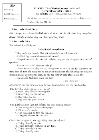 Đề kiểm tra cuối năm môn Tiếng Việt Lớp 1 - Năm học 2021-2022 - Trường Tiểu học Mỹ Lộc