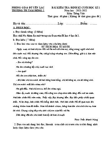 Đề kiểm tra định kì cuối học kì 1 môn Tiếng Việt Lớp 1 (Kết nối tri thức và cuộc sống) - Năm học 2021-2022 - Trường Tiểu học Tam Hồng 2
