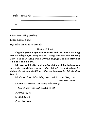 Đề kiểm tra định kì cuối học kì II môn Tiếng Việt Lớp 1 (Đọc hiểu) - Năm học 2023-2024 - Trường Tiểu học Thị trấn Mỏ Cày - Đề 2 (Có đáp án)