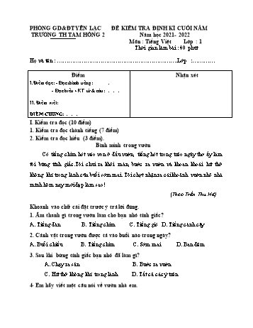 Đề kiểm tra định kì cuối năm môn Tiếng Việt Lớp 1 - Năm học 2021-2022 - Trường Tiểu học Tam Hồng 2
