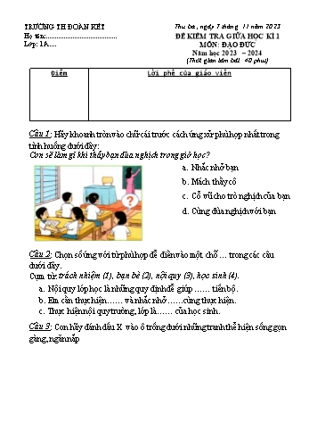 Đề kiểm tra giữa học kì 1 môn Đạo đức Lớp 1 (Cánh diều) - Năm học 2023-2024 - Trường Tiểu học Đoàn Kết (Có đáp án)