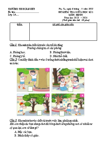 Đề kiểm tra giữa học kì 1 môn Hoạt động trải nghiệm Lớp 1 (Cánh diều) - Năm học 2023-2024 - Trường Tiểu học Đoàn Kết