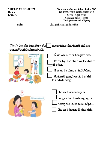 Đề kiểm tra giữa học kì 2 môn Đạo đức Lớp 1 (Cánh diều) - Năm học 2023-2024 - Trường Tiểu học Đoàn Kết