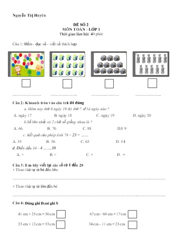 Đề kiểm tra học kì II môn Toán Lớp 1 (Kết nối tri thức và cuộc sống) - Năm học 2022-2023 - Nguyễn Thị Huyên - Đề số 2
