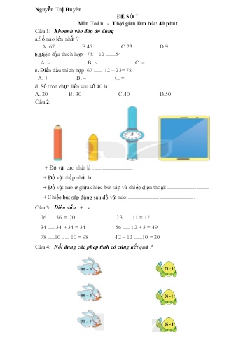 Đề kiểm tra học kì II môn Toán Lớp 1 (Kết nối tri thức và cuộc sống) - Năm học 2022-2023 - Nguyễn Thị Huyên - Đề số 7